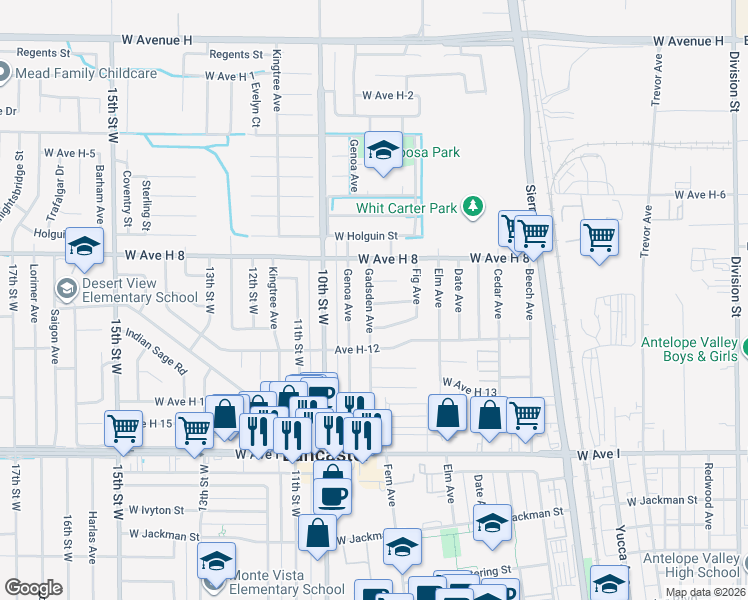 map of restaurants, bars, coffee shops, grocery stores, and more near 45504 Gadsden Avenue in Lancaster