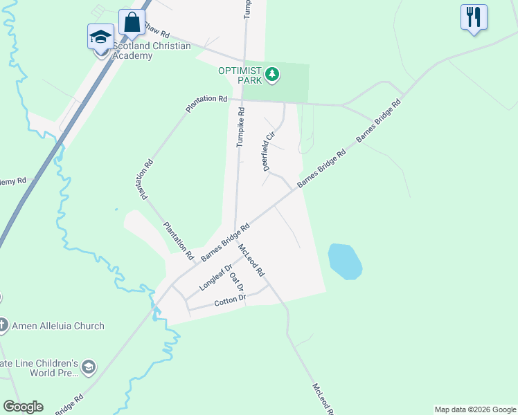 map of restaurants, bars, coffee shops, grocery stores, and more near 12660 Fawn Circle in Laurinburg