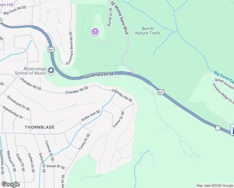 map of restaurants, bars, coffee shops, grocery stores, and more near 1421 Chandler Road Southeast in Huntsville