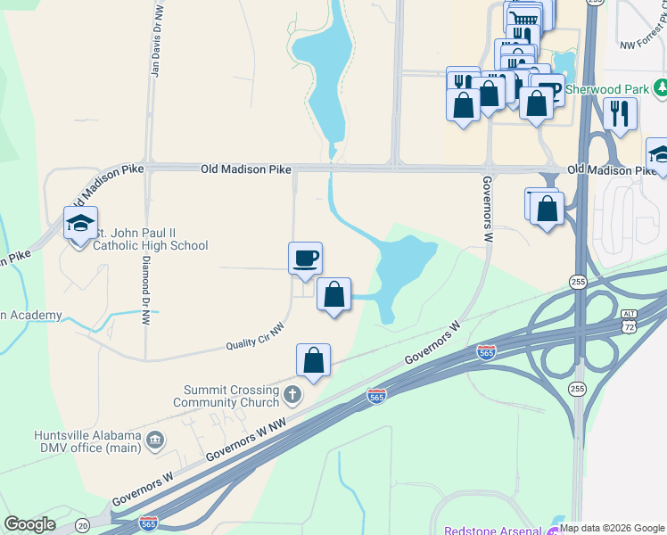 map of restaurants, bars, coffee shops, grocery stores, and more near 201 Quality Circle Northwest in Huntsville