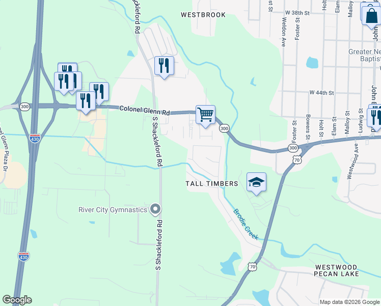 map of restaurants, bars, coffee shops, grocery stores, and more near 4609 Timberland Drive in Little Rock