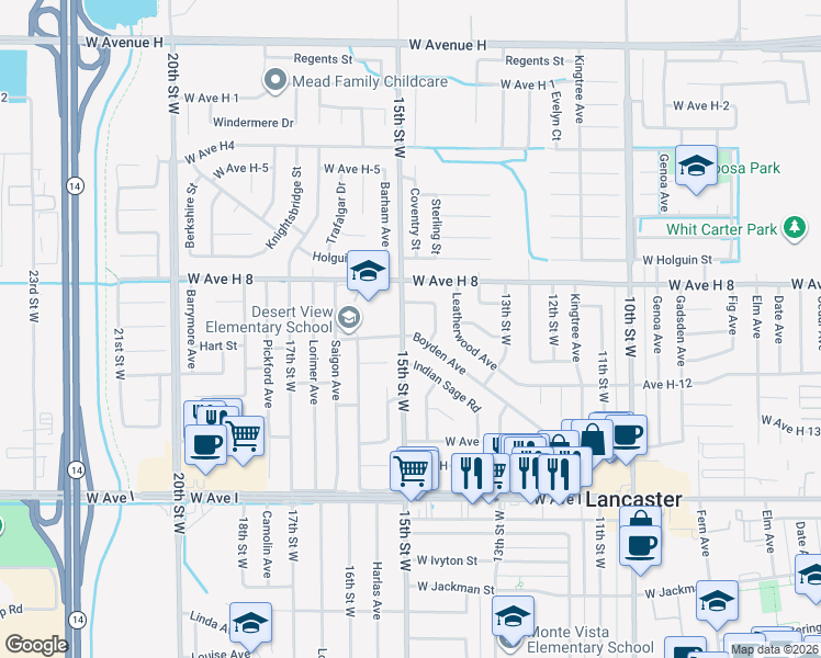 map of restaurants, bars, coffee shops, grocery stores, and more near 1475 Boyden Avenue in Lancaster