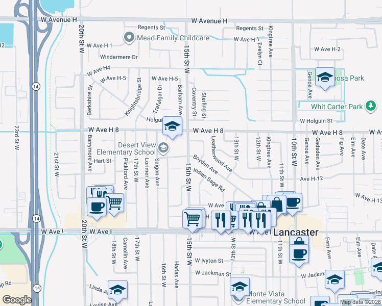map of restaurants, bars, coffee shops, grocery stores, and more near 1475 Boyden Avenue in Lancaster