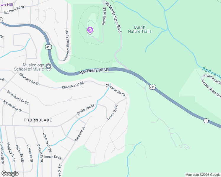 map of restaurants, bars, coffee shops, grocery stores, and more near 1421 Chandler Road Southeast in Huntsville