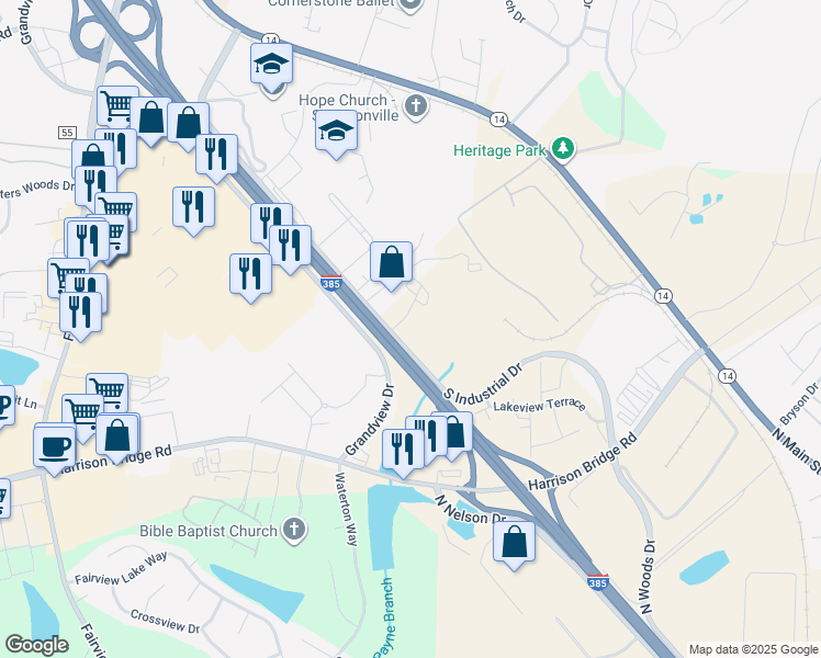 map of restaurants, bars, coffee shops, grocery stores, and more near 2 Colony Centre Way in Simpsonville