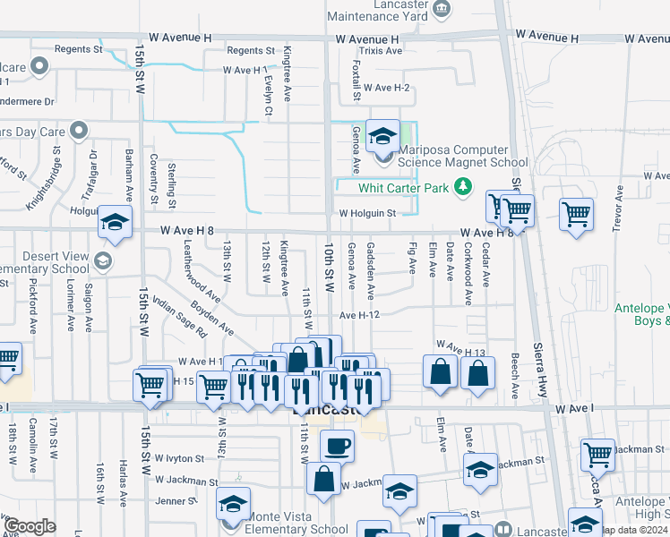 map of restaurants, bars, coffee shops, grocery stores, and more near 45521 Genoa Avenue in Lancaster