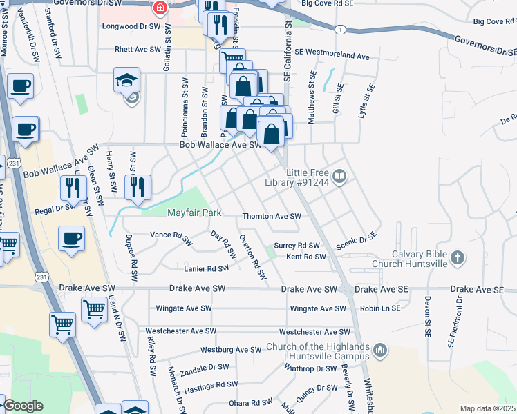 map of restaurants, bars, coffee shops, grocery stores, and more near 2616 Pansy Street Southwest in Huntsville