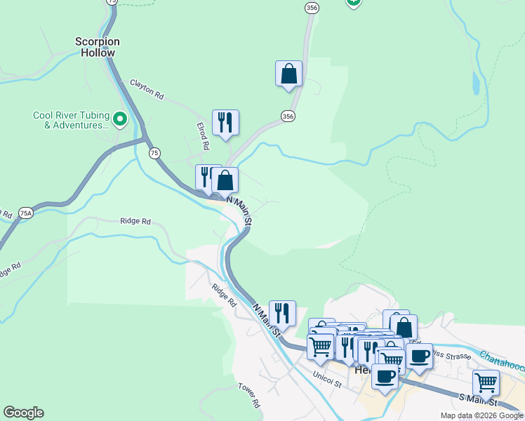 map of restaurants, bars, coffee shops, grocery stores, and more near 56 Taylor Road in Helen