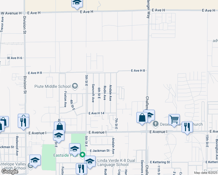 map of restaurants, bars, coffee shops, grocery stores, and more near 45523 Andale Avenue in Lancaster