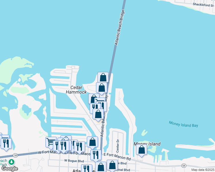 map of restaurants, bars, coffee shops, grocery stores, and more near 701 Atlantic Beach Causeway in Atlantic Beach