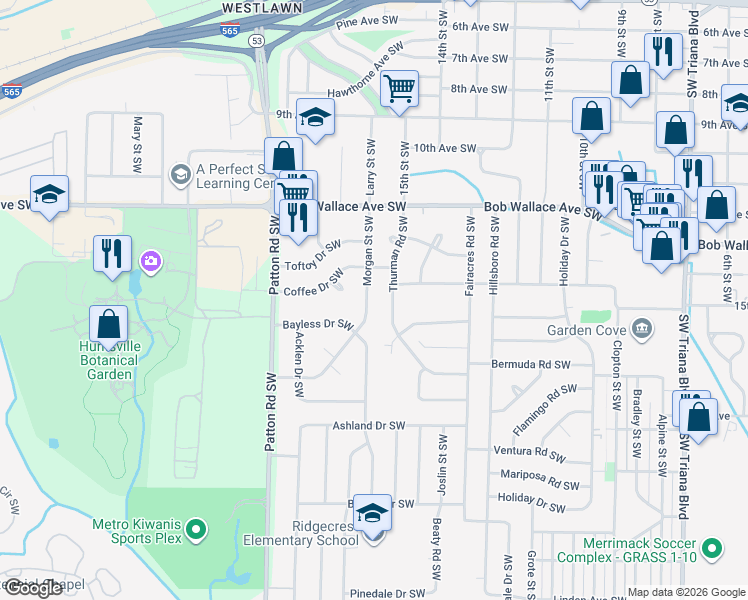 map of restaurants, bars, coffee shops, grocery stores, and more near 2822 Thurman Road Southwest in Huntsville