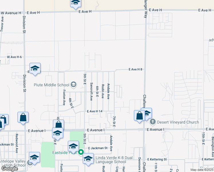 map of restaurants, bars, coffee shops, grocery stores, and more near 45523 Andale Avenue in Lancaster