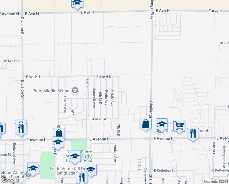 map of restaurants, bars, coffee shops, grocery stores, and more near 45522 Andale Avenue in Lancaster