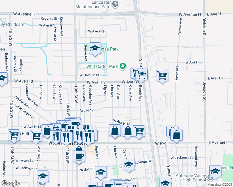 map of restaurants, bars, coffee shops, grocery stores, and more near 45455 Date Avenue in Lancaster