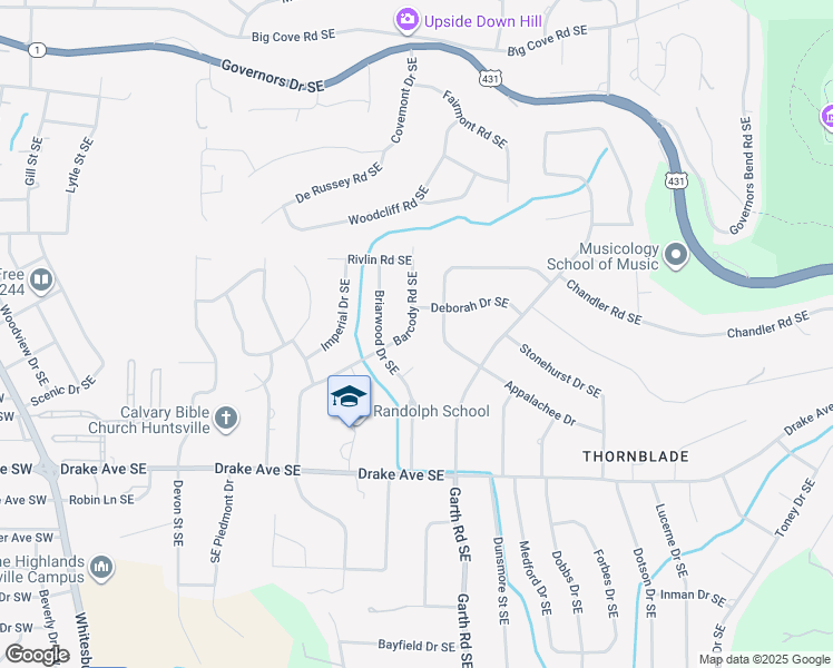 map of restaurants, bars, coffee shops, grocery stores, and more near 2712 Barcody Road Southeast in Huntsville
