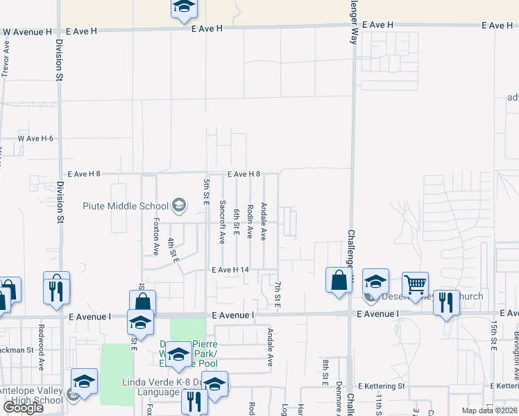 map of restaurants, bars, coffee shops, grocery stores, and more near 45523 Andale Avenue in Lancaster