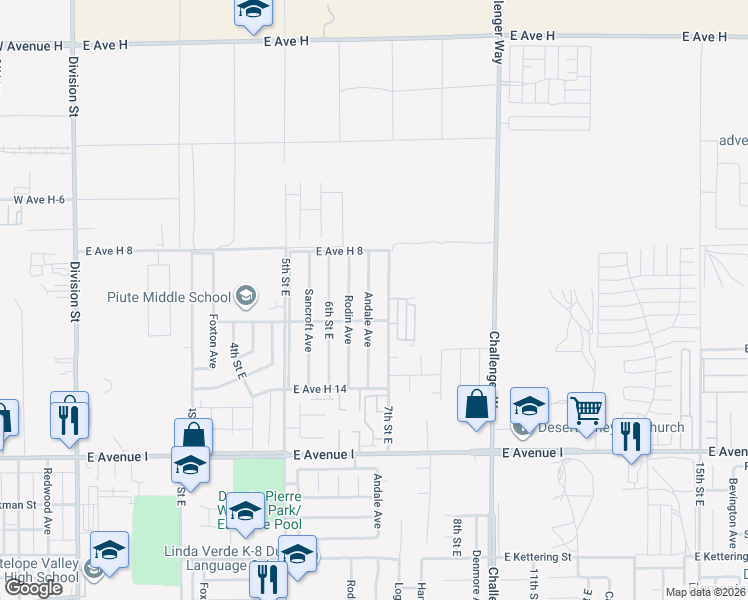 map of restaurants, bars, coffee shops, grocery stores, and more near 45522 Andale Avenue in Lancaster