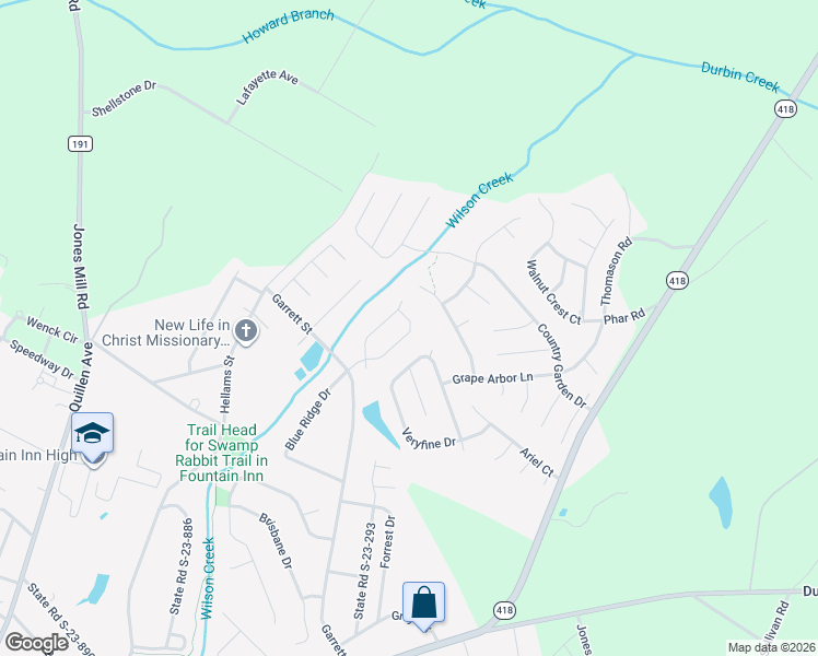 map of restaurants, bars, coffee shops, grocery stores, and more near 1103 Autumn Leaf Lane in Fountain Inn