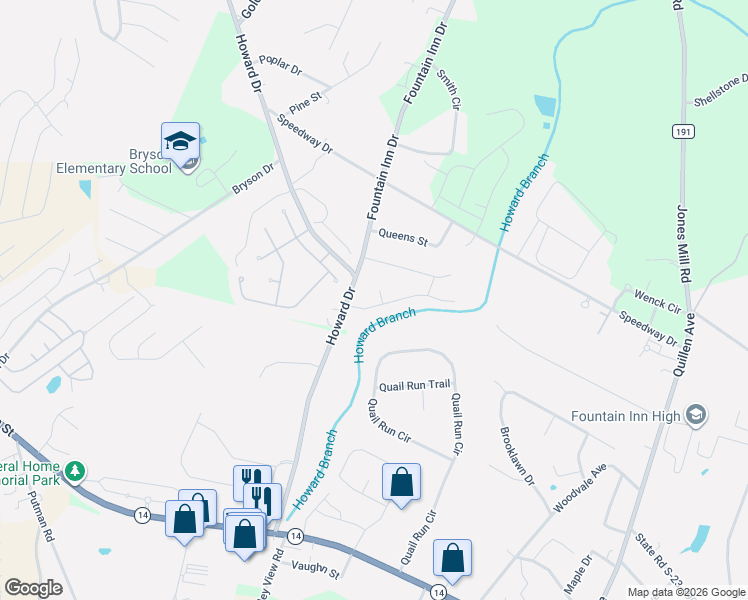 map of restaurants, bars, coffee shops, grocery stores, and more near 1 Spring Circle in Fountain Inn