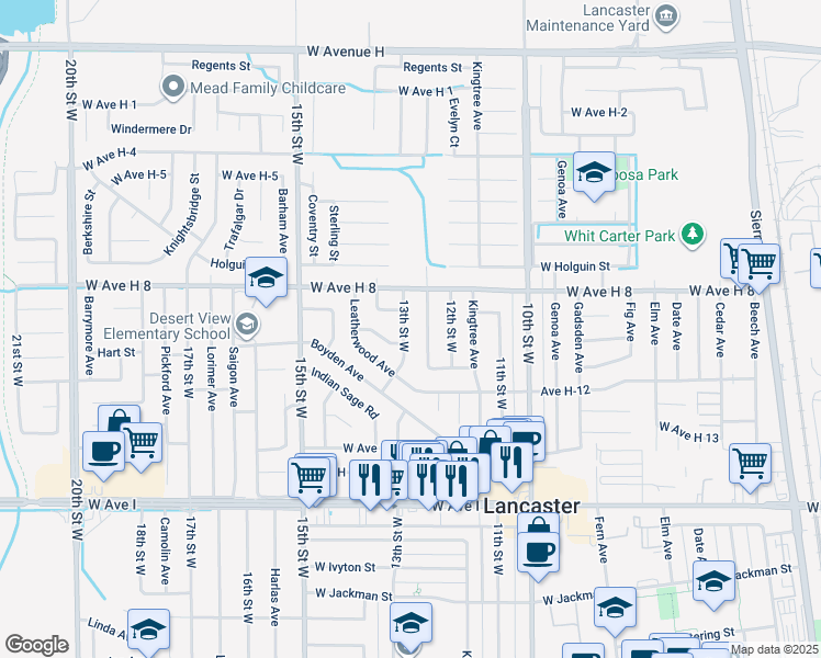 map of restaurants, bars, coffee shops, grocery stores, and more near 45514 13th Street West in Lancaster