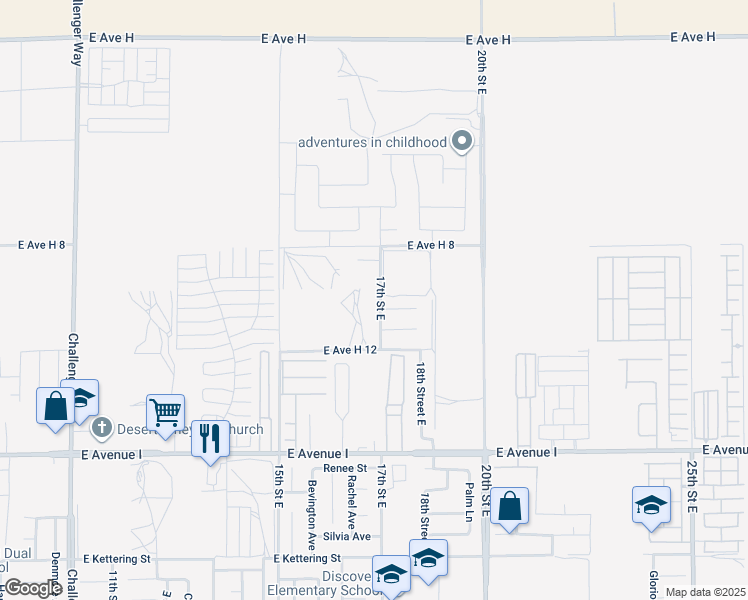 map of restaurants, bars, coffee shops, grocery stores, and more near 45463 17th Street East in Lancaster