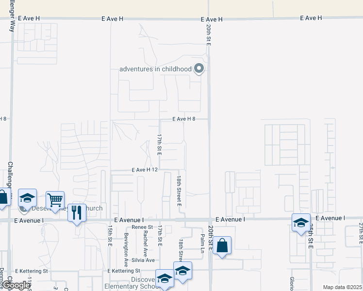 map of restaurants, bars, coffee shops, grocery stores, and more near 45459 18th Street East in Lancaster