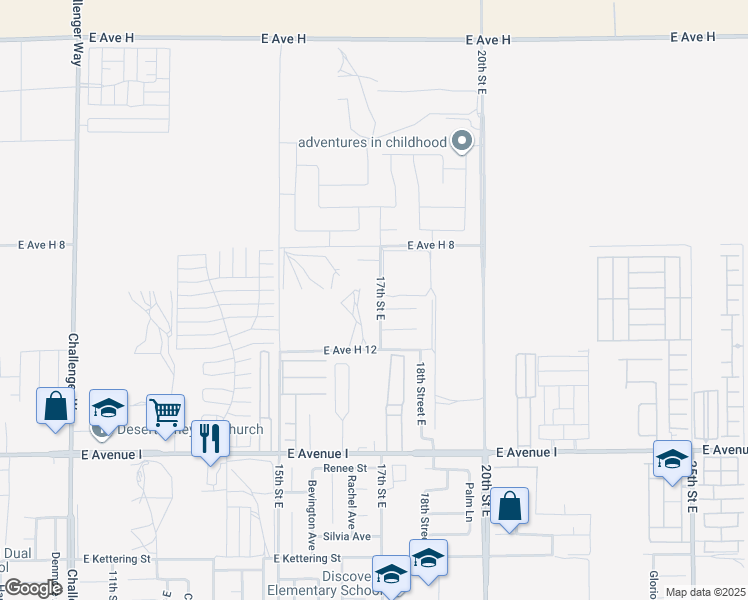 map of restaurants, bars, coffee shops, grocery stores, and more near 45463 17th Street East in Lancaster