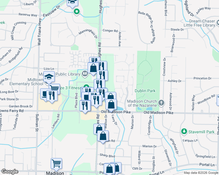 map of restaurants, bars, coffee shops, grocery stores, and more near 411 Hughes Road in Madison