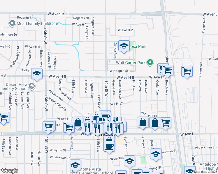 map of restaurants, bars, coffee shops, grocery stores, and more near 45521 Genoa Avenue in Lancaster