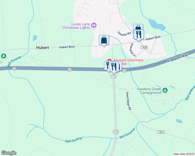 map of restaurants, bars, coffee shops, grocery stores, and more near 117 Starling Road in Hubert