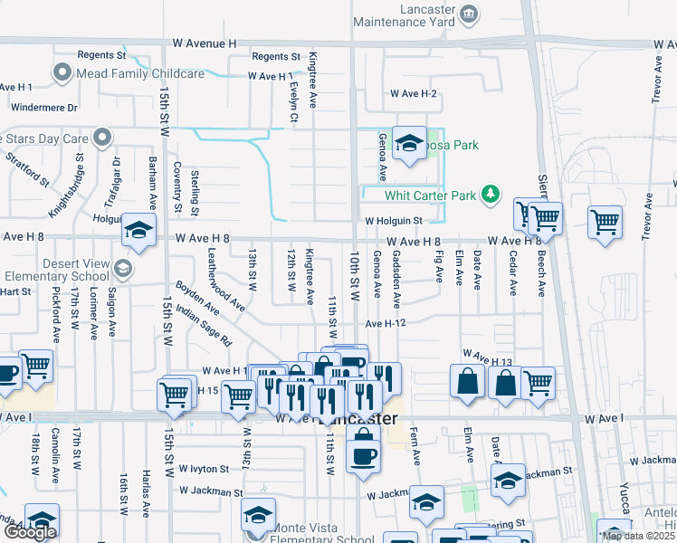 map of restaurants, bars, coffee shops, grocery stores, and more near 45508 11th Street West in Lancaster