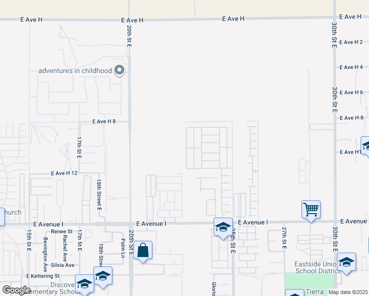 map of restaurants, bars, coffee shops, grocery stores, and more near 45465 25th Street East in Lancaster