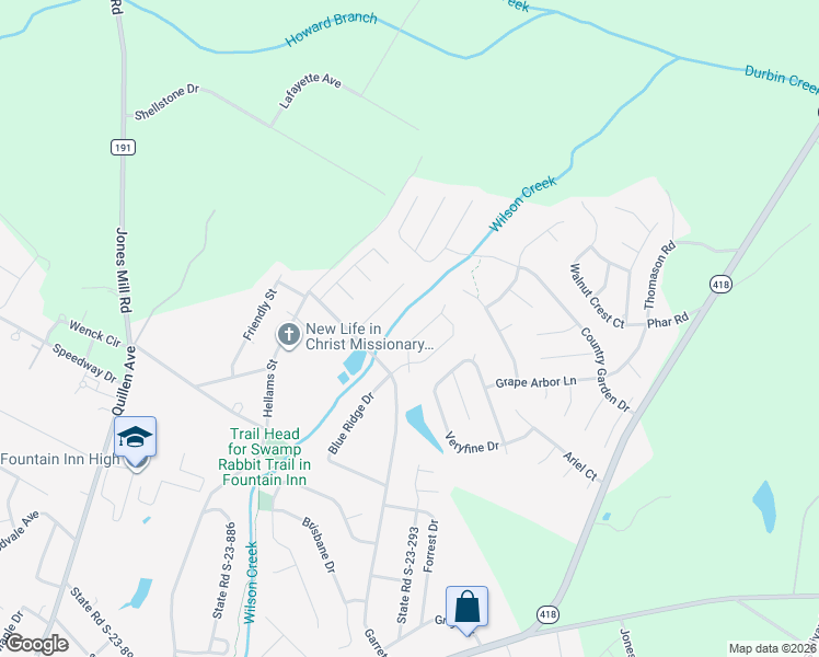 map of restaurants, bars, coffee shops, grocery stores, and more near 18 Kendals Lane in Fountain Inn