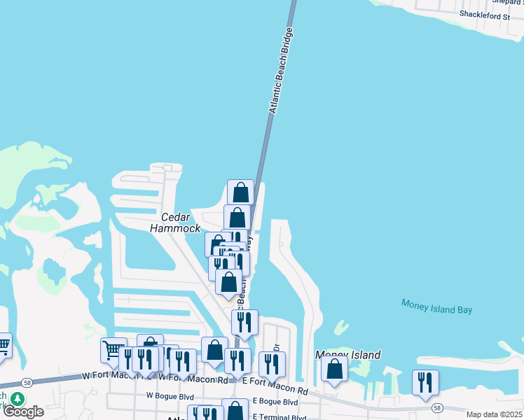 map of restaurants, bars, coffee shops, grocery stores, and more near 701-713 Atlantic Beach Causeway in Atlantic Beach