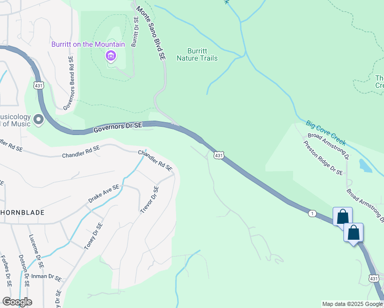 map of restaurants, bars, coffee shops, grocery stores, and more near 5 Saint Charles Road Southeast in Huntsville