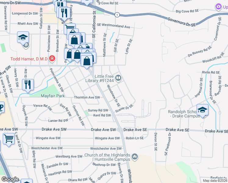 map of restaurants, bars, coffee shops, grocery stores, and more near 2601 Woodview Drive Southeast in Huntsville
