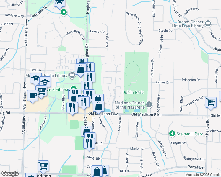 map of restaurants, bars, coffee shops, grocery stores, and more near 186 Waters Edge Lane in Madison