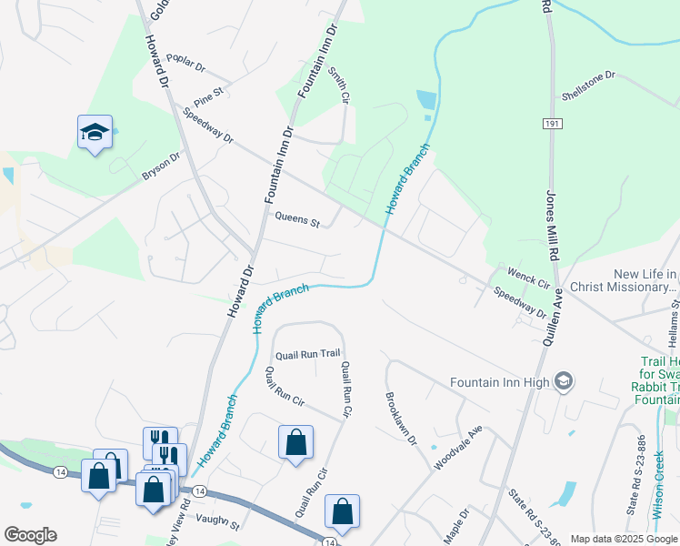 map of restaurants, bars, coffee shops, grocery stores, and more near 209 South Kings Drive in Fountain Inn