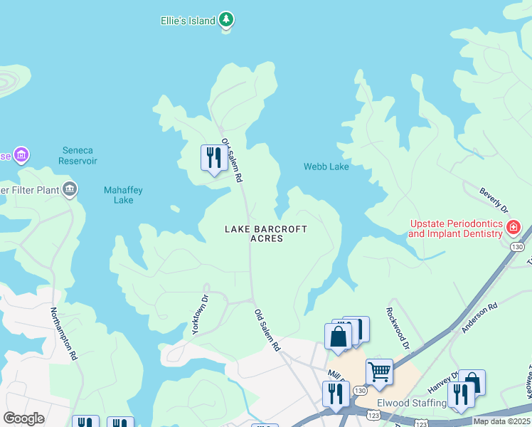 map of restaurants, bars, coffee shops, grocery stores, and more near 910 Camilla Lane in Seneca