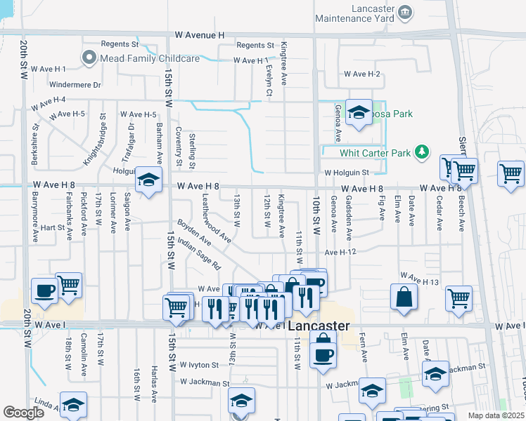 map of restaurants, bars, coffee shops, grocery stores, and more near 45514 Newtree Avenue in Lancaster
