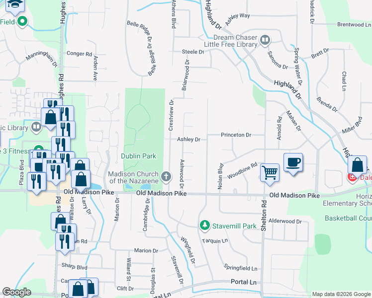 map of restaurants, bars, coffee shops, grocery stores, and more near 802 Ashley Drive in Madison