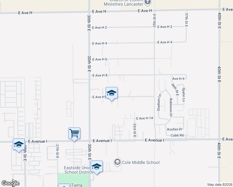 map of restaurants, bars, coffee shops, grocery stores, and more near 3127 East Avenue H10 in Lancaster