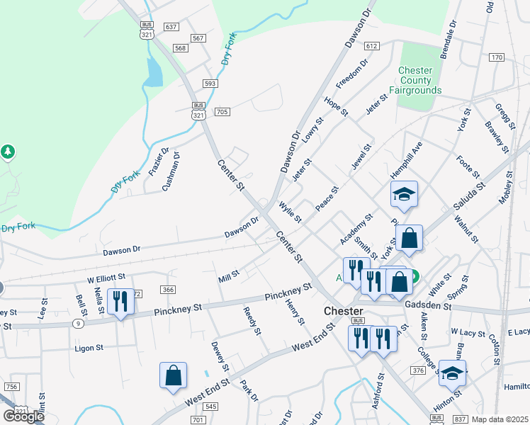 map of restaurants, bars, coffee shops, grocery stores, and more near J A Cochran Bypass in Chester