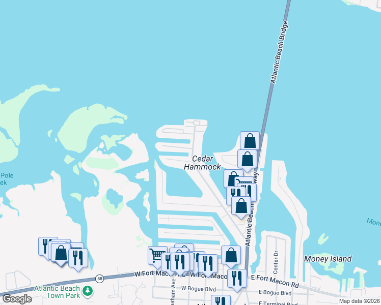 map of restaurants, bars, coffee shops, grocery stores, and more near North Shore Dr II in Atlantic Beach