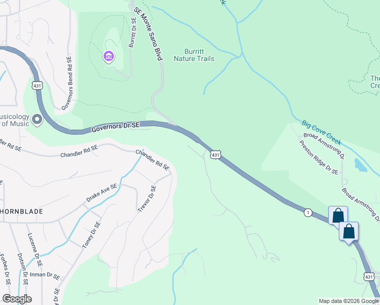 map of restaurants, bars, coffee shops, grocery stores, and more near 5 Saint Charles Road Southeast in Huntsville