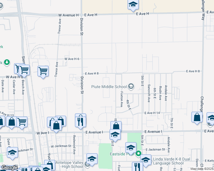map of restaurants, bars, coffee shops, grocery stores, and more near 45525 Stanridge Avenue in Lancaster