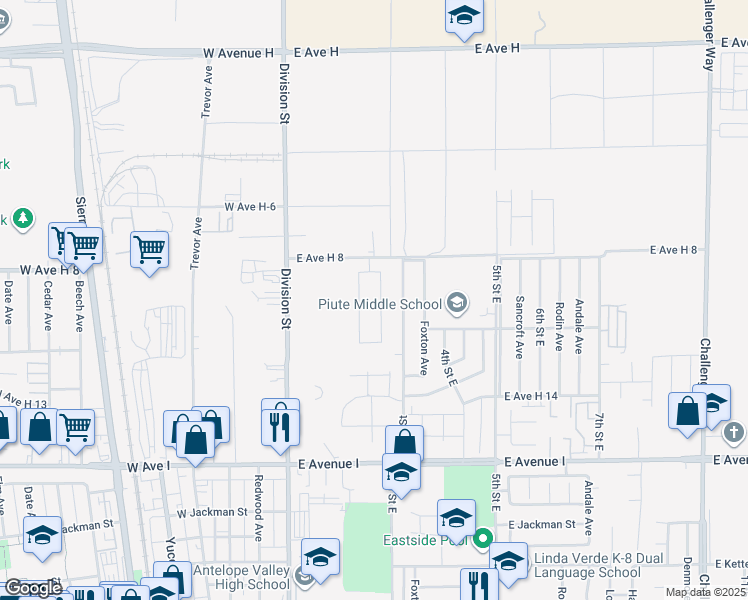 map of restaurants, bars, coffee shops, grocery stores, and more near 45525 Stanridge Avenue in Lancaster