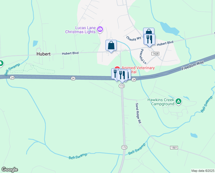 map of restaurants, bars, coffee shops, grocery stores, and more near 147 Starling Road in Hubert