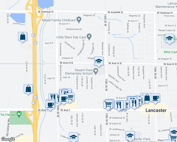 map of restaurants, bars, coffee shops, grocery stores, and more near 45526 Lorimer Avenue in Lancaster