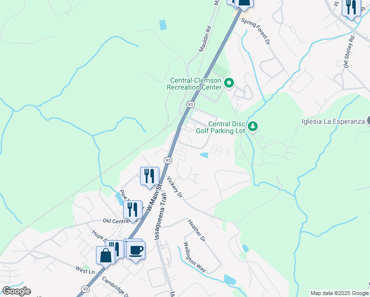 map of restaurants, bars, coffee shops, grocery stores, and more near 104 University Village Drive in Central